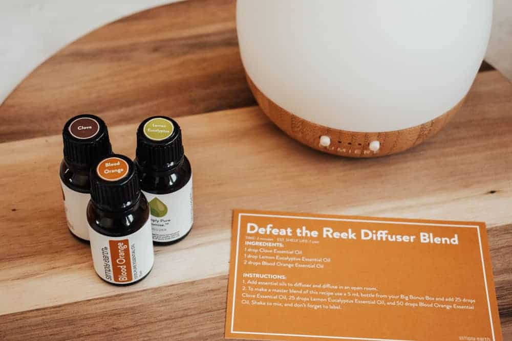 Simply Earth blood orange essential oil, clove essential oil, and lemon eucalyptus essential oil standing next to essential oil diffuser