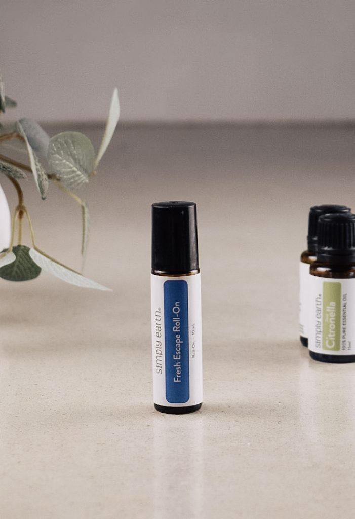 An essential oil roller blend sitting on the kitchen counter.