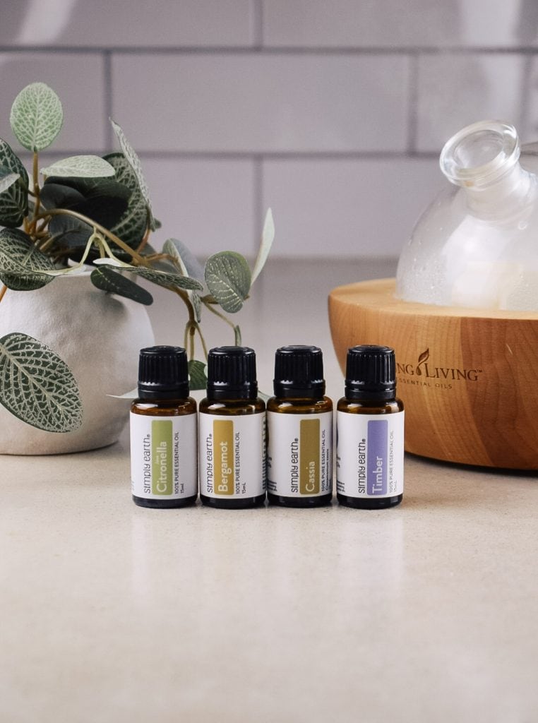 Essential oils from the Simply Earth August 2025 box are on the kitchen counter next to an essential oil diffuser and plant.