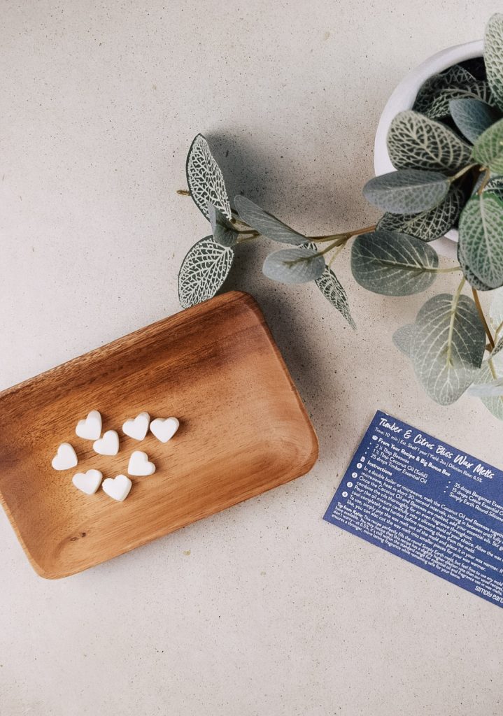 Homemade wax melts are displayed on the counter next to a plant.