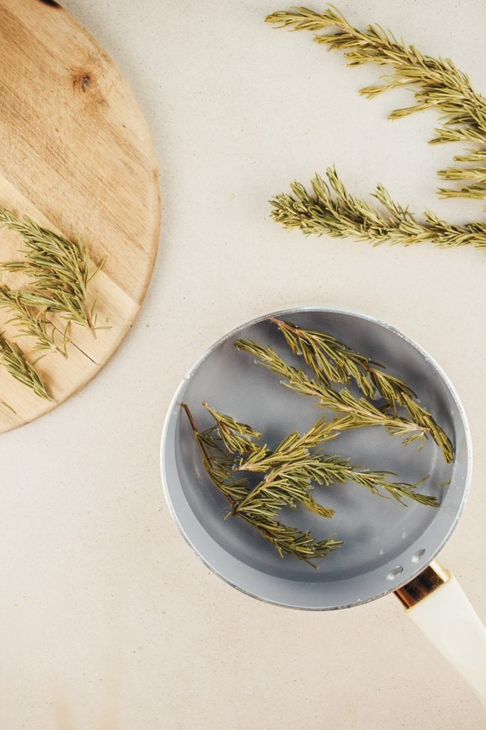 Rosemary leaves in a small pot of water.