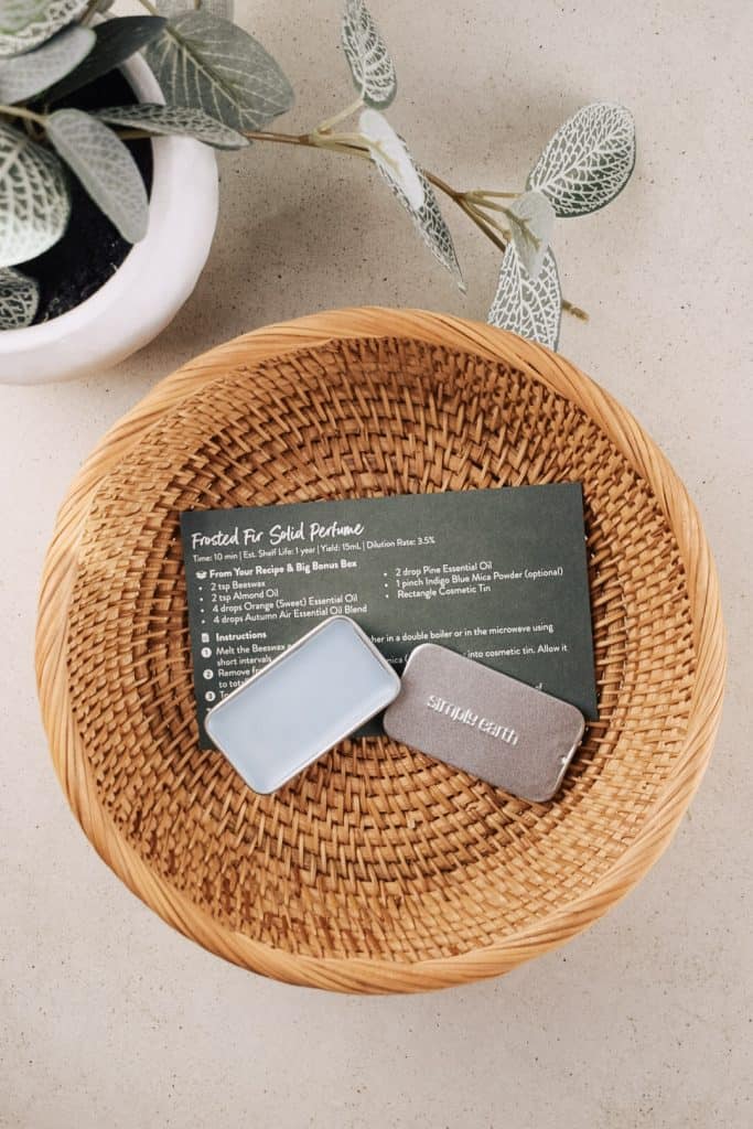 Homemade perfume in a rattan basket.