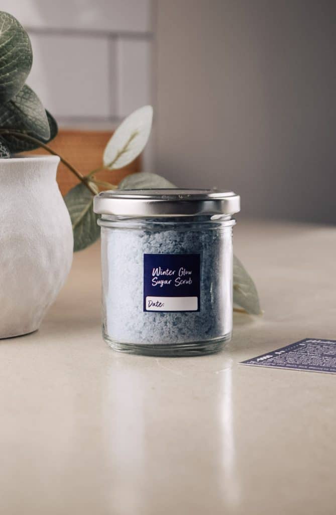 Homemade sugar scrub on the kitchen counter.